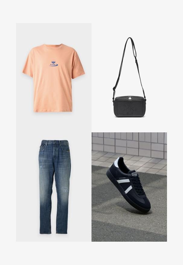 Persikų spalvos medvilninis marškinėliai su trumpomis rankovėmis, apvalia iškirpte ir mėlynai spausdintu logotipu, kuriame pavaizduota irklavimo dizainas ir tekstas "NY PADEL."; Džinsai, turintys įblukusią mėlyną spalvą, tiesaus kirpimo dizainą, vidutinį dėvėjimą priekyje ir klasikinį penkių kišenių stilių.; Juodas odinis sportinis batelis su baltais dryžiais, tekstūruota gumine padais ir raišteliais priekyje. Yra prekės ženklą žymintis etiketė ant liežuvio.; Juodas odinis per petį nešiojamas krepšys su užtrauktuku, iškilniu logotipu priekyje ir reguliuojama dirželiu. Lygus paviršius, stačiakampio formos.