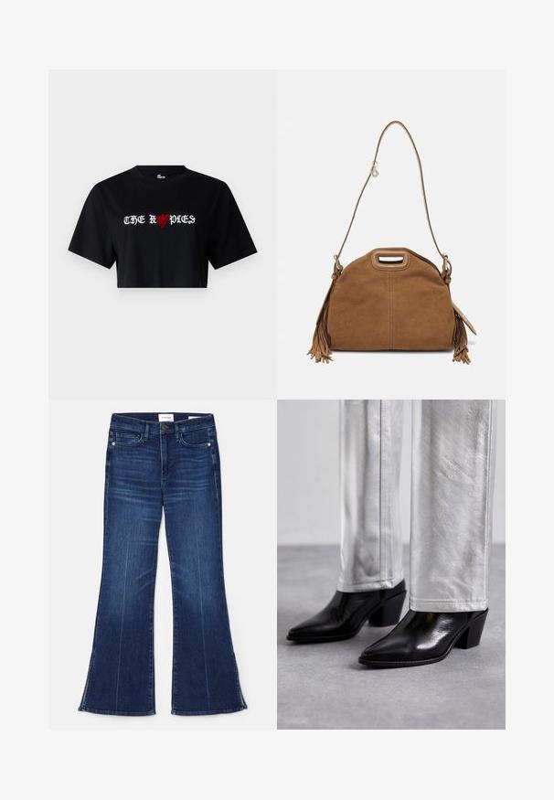 Camiseta negra corta de algodón con un audaz texto gráfico en blanco y rojo que dice "LOS ROPDIES", con un símbolo de corazón incorporado en el diseño.; Vaqueros acampanados de color azul oscuro, hechos de mezclilla. Presentan una cintura alta, bolsillos frontales y detalles de abertura en el dobladillo. Diseño clásico de cinco bolsillos.; Botas de cuero negras hasta el tobillo con punta afilada y tacón cuadrado, combinadas con pantalones plateados brillantes, mostrando texturas elegantes y colores contrastantes.; Maje Bandolera - camel