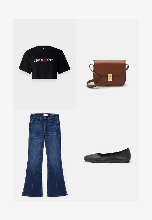 Melnā īsā T-kreklā, kas izgatavots no kokvilnas, ir drosmīgs balts un sarkans grafiskais teksts "THE ROPDIES" ar sirdī simbolu, kas iekļauts dizainā.; Tumši zili zvērīši, izgatavoti no denima. Iespējas augsta jostasvieta, priekšējās kabatas un šķēlumi apakšmalā. Klasisks piecu kabatu dizains.; Melna ādas baleta kurpe ar noapaļotu purngalu, gludu tekstūru, minimālu šuvju detalizāciju un elastīgu zoles dizainu.; Bordo ādas rokas soma ar atloku, zeltītām detaļām, plecu siksnu un gludu virsmu. Kompakta, taisnstūrveida forma.