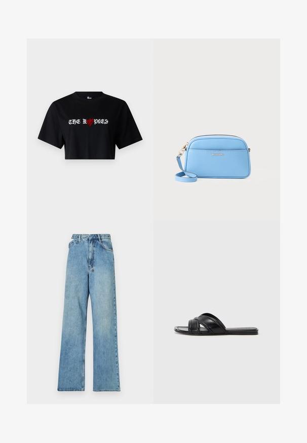 Black cropped T-shirt made of cotton featuring bold white and red graphic text "THE ROPDIES" with heart symbol incorporated in the design.; Light blue denim wide-leg jeans with a mid-rise waist, five pockets, and a button-fly closure featuring metal hardware and a faded finish.; Black slide sandals with a smooth leather finish, featuring crisscross straps and cut-out details, and a flat, flexible sole.; Light blue leather crossbody bag with gold-tone hardware, zip closure, and a front pocket. Features an adjustable strap for convenience.