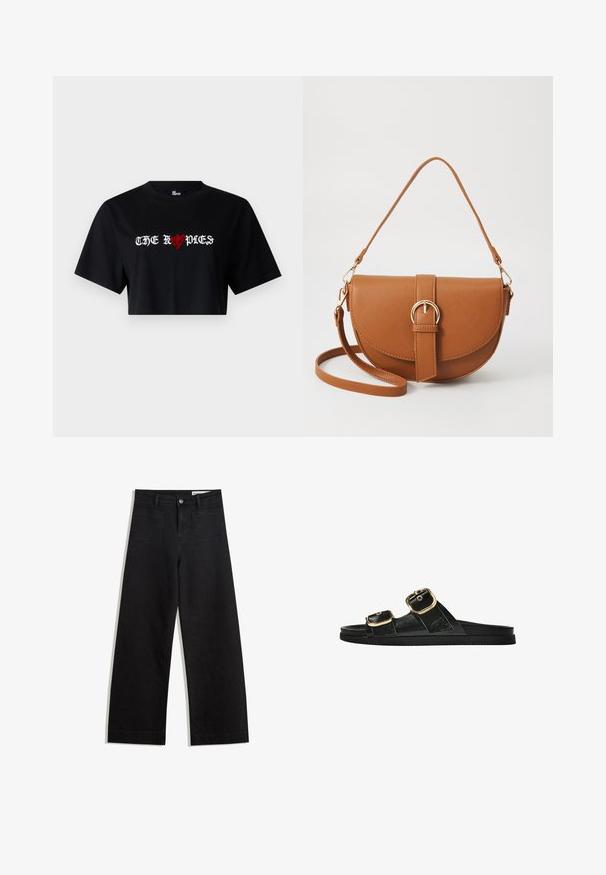Čierne skrátené tričko vyrobené z bavlny, ktoré obsahuje výrazný biely a červený grafický text "THE ROPDIES" so srdcovým symbolom zakomponovaným do dizajnu.; Čierne denimové nohavice s širokými nohavicami a vysokým pásom, so prednými a zadnými vreckami, šitými švami a zapínaním na gombík. Hladká textúra.; Čierne šľapky s dvoma zlatými prackami, hladký textúrovaný materiál, plochá podrážka a minimalistický dizajn.; Hnedá kožená kabelka cez telo s zakriveným tvarom, zlatými kovovými doplnkami a akcentom s prackou. Obsahuje odnímateľný ramenný popruh.
