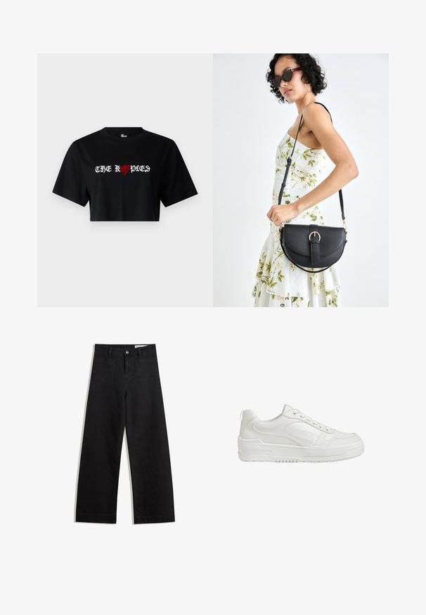 Čierne skrátené tričko vyrobené z bavlny, ktoré obsahuje výrazný biely a červený grafický text "THE ROPDIES" so srdcovým symbolom zakomponovaným do dizajnu.; Čierne denimové nohavice s širokými nohavicami a vysokým pásom, so prednými a zadnými vreckami, šitými švami a zapínaním na gombík. Hladká textúra.; Biele kožené tenisky s hladkým povrchom, polstrovaným členkom a perforovanou špičkou. Majú mierne zvýšenú gumovú podrážku a šnurovací dizajn.; Čierna kožená kabelka s zaobleným tvarom, odnímateľným popruhom a zlatými doplnkami. Kabelka má klopu s detailom s prackou.