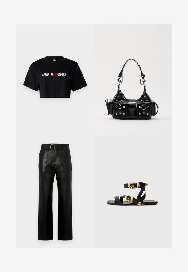 Černé zkrácené tričko vyrobené z bavlny, které obsahuje výrazný bílý a červený grafický text "THE ROPDIES" srdcového symbolu začleněného do designu.; Vysoké černé kožené kalhoty s širokými nohavicemi, velkými předními kapsami a odpovídajícím páskem s dvoubodovou sponou.; Černé kožené sandály s pozlacenými přezkami, s vícero popruhy a plochou podrážkou pro nošení s otevřenou špičkou.; Černá kožená kabelka s křivkovým designem, zdobená stříbrnými hřebíky, s přezkou a dvěma bočními kapsami. Nastavitelný popruh pro různé možnosti nošení.
