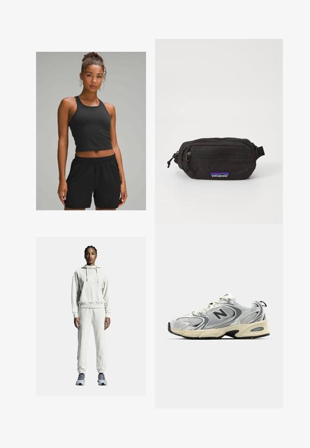 Juodas ribotas trumpas topas poruojamas su juodomis elastingomis šortais. Lygus paviršius, prigludęs dizainas, tinkamas aktyviam sportui.; Šviesiai bespalvis megztinis su logotipu, derinamas su atitinkamomis sportinėmis kelnėmis. Minkšta medžiaga, laisvas kirpimas, elastingi rankogaliai ir atspindintys akcentai. Dėvimi su mėlynais sportiniais batais.; Pilki ir balti sportiniai bateliai, pagaminti iš tinklinės ir sintetinių medžiagų. Yra paminkštintas padas, raišteliai ir matomas logotipas šone.; Patagonia TERRAVIA MINI HIP PACK UNISEX - Diržinis krepšelis - black