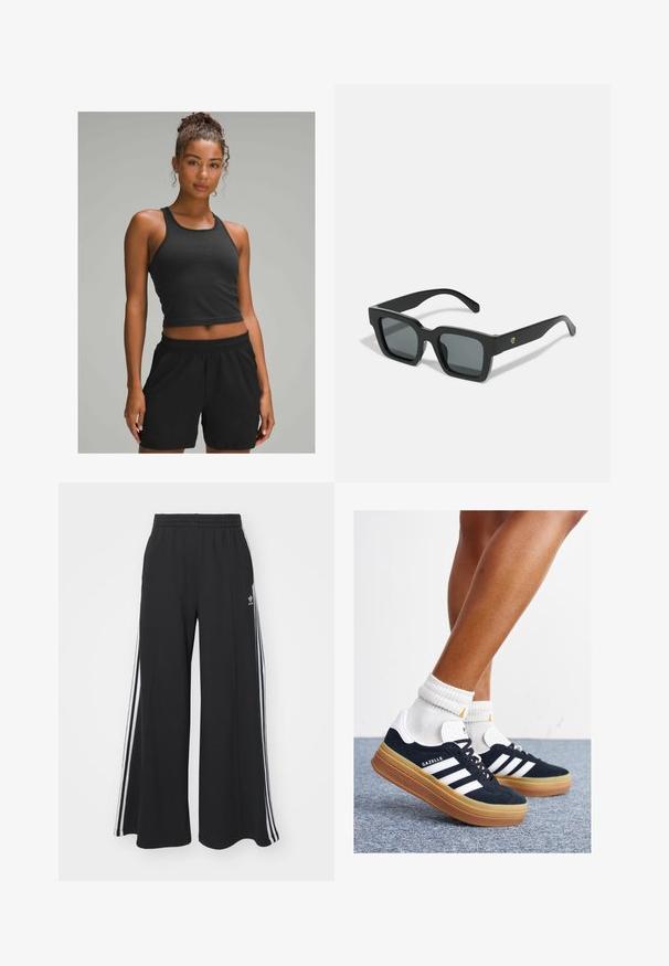 Mustra mustriga mustre kaugus, must elastne vöökoht, sujuv tekstuur ja sobilik aktiivseks kandmiseks.; Mustad laiad trenni püksid elastse vöökohtaga, millel on valged küljeribad ja tikitud logo vasakul reiel.; Mustad seemisnahast tossud valgete triipude ja detailidega, ümarate varbassosadega, kummist välistallaga, paaritatud valgete soonikuliste meessokkidega.; CHPO MAX UNISEX - Päikeseprillid - black