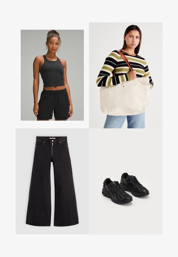 Fekete bordás crop tank top fekete gumis derekú sorttal párosítva. Sima textúra, testhezálló kialakítás, alkalmas aktív viseletre.; Fekete denim széles szárú farmer, cipzáros elejével, öt zsebes kialakítással és diszkrét varrással. Sima textúra és laza stílus.; Fekete sportcipők hálós és szintetikus anyagból. Jellemzője a párnázott talp, a texturált minták és a dombornyomott márkázás az oldalon.; Nagy bézs színű vászontáska barna bőr pántokkal, minimalista dizájnnal és látható varrásokkal.