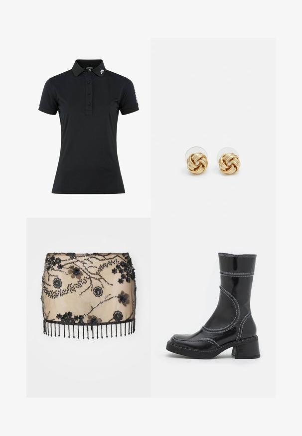 Fekete polo póló sima anyagból, galléros nyakkal, három gombos nyitással és rövid ujjal. Logós díszítés a galléron és az ujjon.; Fekete, díszített miniszoknya virágos applikációkkal, flitterekkel és gyöngyös bojt szegéllyel. Átlátszó anyagból készült, bonyolult részletezéssel.; Fekete lakkbőr bokacsizma fehér varrással, kerek orral és blokk sarkal. Görbült formai vonalakkal és sima textúrával rendelkezik.; Arany színű csomó fülbevalók, csavart formával. Minden fülbevaló mögött egy kör alakú átlátszó támasz található a biztonságos viselés érdekében.