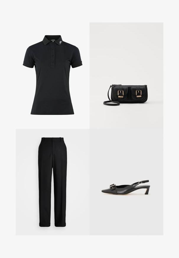 Čierna polo košeľa z hladkej textílie s golierom, trojzdierkovým zapínaním a krátkymi rukávmi. Logo na golieri a rukávoch.; Polo Ralph Lauren HIGH RISE RELAXED STRAIGHT TROUSER - Nohavice - black; Čierne kožené sandále s úzkym prstom, malým opätkom a dekoratívnou sponou na vrchnej časti. Hladká textúra, minimalistický dizajn.; Čierna kožená crossbody taška s dvoma prednými vreckami, zlatými sponami, zipsovým uzatváraním a úzkym popruhom. Štruktúrovaný povrch a kompaktný obdĺžnikový tvar.