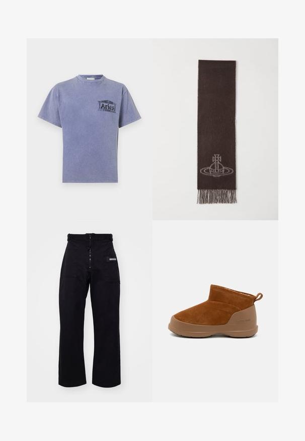 Camiseta de algodón morada con mangas cortas, escote redondo y un logotipo negro serigrafiado que dice "Aries" en el lado izquierdo del pecho.; Pantalones cargo negros de pierna ancha con cierre de cremallera y Velcro, que cuentan con dos bolsillos frontales y un bolsillo lateral con un detalle de hardware rectangular.; Botín de ante marrón con suela de goma marrón, con un diseño sencillo, punta redondeada y pequeño tirador en la parte trasera.; Bufanda marrón oscuro hecha de material suave, con un diseño gráfico gris claro y bordes con flecos. Forma rectangular alargada.
