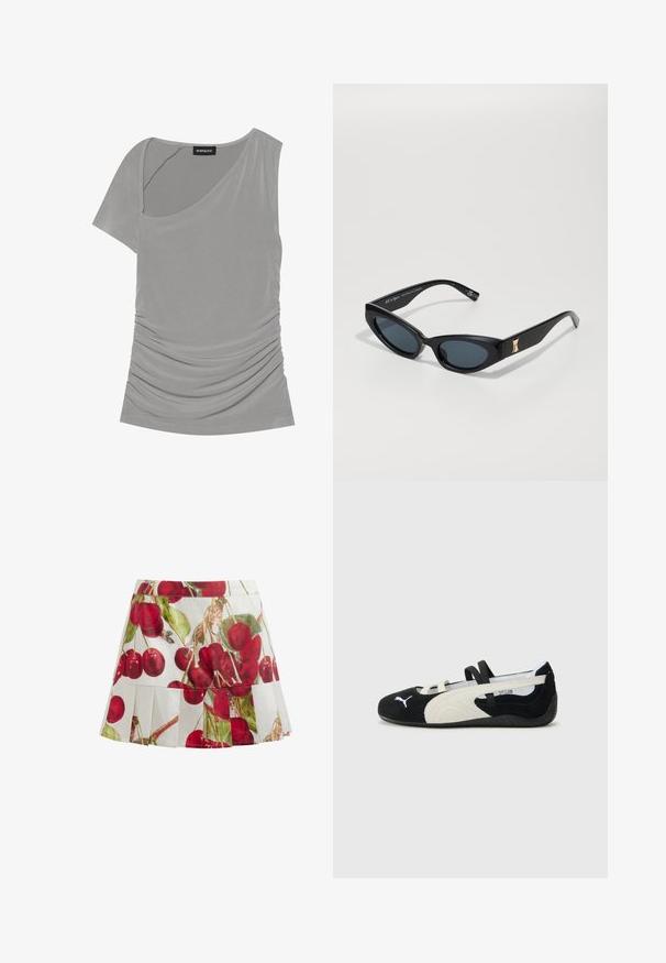 Gray short-sleeve top with asymmetrical design, gathered texture on the side, and a round neckline. Made from soft, stretchy material.; White pleated skirt featuring a vibrant cherry print in red and green. Fabric appears lightweight with a smooth texture.; Black and cream ultra-lightweight shoe with a suede upper, flat sole, elastic straps, and a small logo on the toe.; Black sunglasses with a sleek, angular design. They feature dark lenses, a glossy finish, and a gold accent on the temple.; Silver metal bracelet set featuring two strands of alternating round beads with a smooth finish and a magnetic clasp.