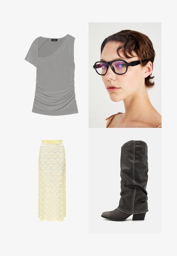 Szürke, rövid ujjú felső, aszimmetrikus kialakítással, oldalt redőkben összegyűjtött textúrával, és kerek nyakkivágással. Puha, rugalmas anyagból készült.; Sárga csipkés maxi szoknya hullámos mintával, sima derékrésszel és puha, áttetsző textúrával. Áramló siluettet terveztek.; Szürke bőr, térdig érő csizmák, amelyek laza kialakításúak, hegyes orrúak és tornácos sarkúak. Figyelemre méltó varrási részlet az orr részén.; Fekete, téglalap alakú szemüveg, lila árnyalatú lencsékkel, vastag kerettel és sík oldalakkal, amely modern dizájnt hangsúlyoz.; Kígyómintás kézitáska ívelt fogantyúval. Texturált, bézs és barna anyagból készült, jellegzetes gyémántmintával.