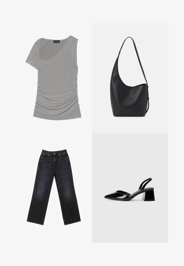 Harmaa lyhythihainen paita, jossa on epäsymmetrinen muotoilu, kerätty rakenne sivuilla ja pyöreä pääntie. Valmistettu pehmeästä, joustavasta materiaalista.; Korkeavyötäröiset mustat farkut, joissa on leveä lahje, viisi taskua ja näkyvät tikkaukset. Kangas on sileä, hieman teksturoitu pinnaltaan.; Mustat patentoitu nahkakengät, joissa on säären takaosa ja terävä kärki, sekä geometrinen palikkakorko. Sisältää tyylikkään, minimalistisen muotoilun ja sileän pinnan.; Musta nahkainen hobo-laukku, jossa on sileä pinta, kaareva muoto ja yksi säädettävä olkahihna; sisäänkäynti on leveä ylhäältä.