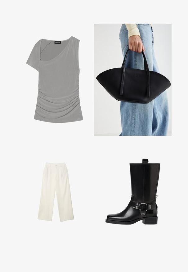 Harmaa lyhythihainen paita, jossa on epäsymmetrinen muotoilu, kerätty rakenne sivuilla ja pyöreä pääntie. Valmistettu pehmeästä, joustavasta materiaalista.; Kermanhousut vaaleassa kankaassa, jossa on sileä rakenne, yksittäinen etunappi, hienovaraiset laskokset ja korkea vyötärömuotoilu.; Musta nahkasaapas polven yläpuolelle, jossa on terävä kärki, hopeiset solkiyksityiskohdat ja paksu korko. Varustettu vetotapilla helppoa pukemista varten.; Musta nahkainen käsilaukku, jossa on ainutlaatuinen tuulihattukuvio, jossa on litteät kahvat. Pinnassa on karkeapintainen rakenne ja minimalistinen muotoilu.