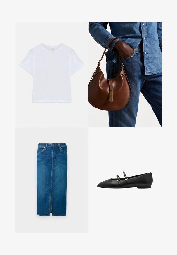 Valkoinen lyhythihainen t-paita, joka on valmistettu pehmeästä puuvillasta. T-paidassa on pyöreä kaula-auko ja rento istuvuus. Ei kuvioita tai koristeita.; Syvä sininen farkkukeskipitkä hame, jossa on etureikä, viisi taskua, oranssi ompelu, ja vahvistettu vyötärö, jossa on kaksi metallipainiketta.; Mustat nahkaiset tasapohjaiset kengät kärjellä, joissa on kaksi mustaa hihnaa ja kultaiset neliön muotoiset soljet. Liu'uttu pinta ja matala profiilikanta.; Ruskea nahkainen hobo laukku pyöreällä muotoilulla, jossa on kultaiset yksityiskohdat ja kontrastiväriommeltu. Yhdistetty farkkupaitaan ja farkkuihin.