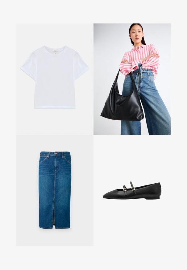Biała krótka koszulka z miękkiej bawełny, z okrągłym dekoltem i krótkimi rękawami, o lekko luźnym kroju. Bez wzorów ani akcentów.; Jeansowa spódnica midi w głębokim niebieskim kolorze z rozcięciem z przodu, pięcioma kieszeniami, pomarańczowymi szwami oraz zabezpieczonym paskiem z dwoma metalowymi guzikami.; Czarne skórzane płaskie buty z ostro zakończonym noskiem, z dwiema czarnymi paskami i złotymi, prostokątnymi klamrami. Gładka tekstura i niski profil podeszwy.; Czarna skórzana torebka na ramię o luźnym kształcie i detalach szwów. Model nosi różową koszulę w białe paski oraz szerokie niebieskie dżinsy.