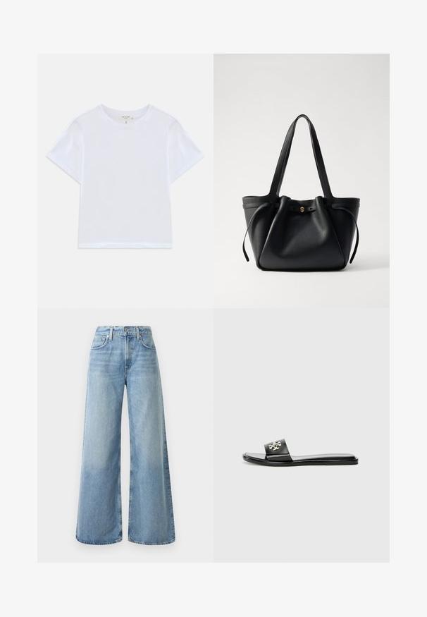 T-shirt blanc court en coton doux, avec un col rond et des manches courtes, d'ajustement légèrement décontracté. Pas de motifs ni d'accents.; Jean large en denim bleu clair à taille haute, avec quatre poches, une fermeture bouton et un léger délavage sur le tissu.; Sandale à plate-forme noire en matière synthétique, avec une large sangle ornée d'un logo métallique et une finition lisse et brillante.; Sac en cuir noir avec deux longues anses, un haut resserré et un accent circulaire doré. Texture lisse avec un design minimaliste.