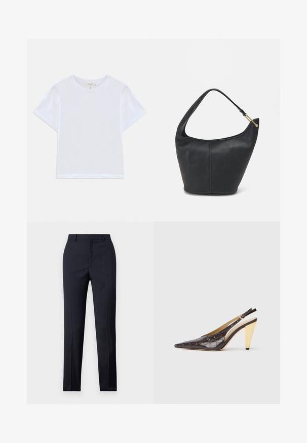 Weißes, kürzer geschnittenes T-Shirt aus weicher Baumwolle mit Rundhalsausschnitt und kurzen Ärmeln in einem leicht lässigen Schnitt. Keine Muster oder Akzente.; Marineblaue Tailored-Hosen mit geradem Schnitt, ausgestattet mit glattem Material, zwei frontalen Taschen und einem schlichten Bund.; Spitz zulaufender Slingback-Absatzschuh aus glänzendem, dunkelbraunem Kunstcrocodilleder. Verfügt über einen goldfarbenen geometrischen Absatz und einen verstellbaren Knöchelriemen.; Schwarze Lederhandtasche mit abgerundeter Form, breitem Tragegurt und strukturiertem Finish. Besitzt eine subtile Nahtdetails und einen Akzent aus goldfarbenem Metall.