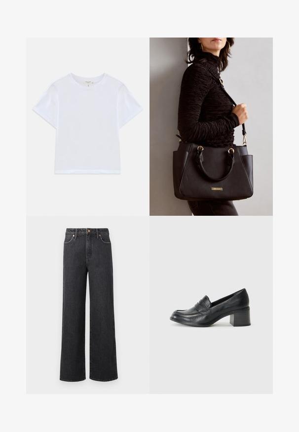 Balts apgrieztais t-krekls, izgatavots no mīkstas kokvilnas, ar apaļu kakla izgriezumu un īsām piedurknēm, kas nedaudz brīvi pieguļ ķermenim. Nav rakstu vai akcentu.; Melni platā kāja džinsi, kas izgatavoti no denima, ar augstu vidukli, piecu kabatu dizainu un vara toni. Gluda tekstūra ar minimālu zīmolu.; Melnas ādas loafers ar zemu bloku papēdi, noapaļota purngala un dekoratīvā šuvuma detaļa pāri augšdaļai. Vienmērīga tekstūra visā virsmā.; Melnā rokassoma ar teksturētu virsmu, diviem augšējiem rokturiem un regulējamu pleca siksnu. Iespējas ar zelta krāsas aparatūru un sānu kabatām.