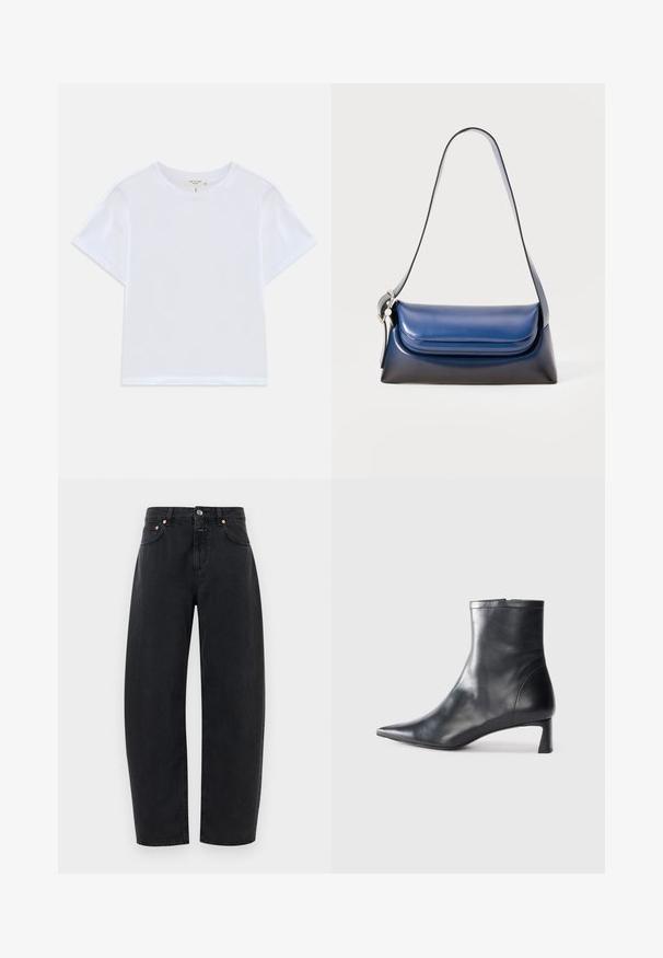 White cropped t-shirt made of soft cotton, featuring a round neck and short sleeves with a slightly relaxed fit. No patterns or accents.; Black denim jeans with a straight-leg design, five pockets, and copper accents. The fabric has a smooth texture and classic stitching.; Black leather ankle boot with a pointed toe and a sleek design. Features a low heel and a zipper closure at the back. Smooth texture.; Navy leather handbag with a smooth finish, featuring a rounded shape, folded top, and a single shoulder strap. Silver hardware accent included.