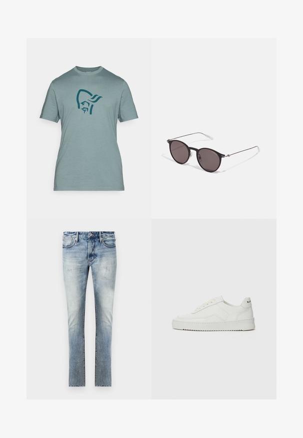 En kortermet, lys blå t-skjorte laget av mykt stoff, med et mørkeblått grafisk design av et stilisert hode på framsiden.; Lys blå denim jeans med en falmet finish, slim fit-design, fem lommer og kontrasterende sømmer.; Hvite lærersneakers med en jevn overflate, rund tå, flate lisser og en teksturert såle. Har en subtil logo på hælen.; Sorte, runde solbriller med mørke linser og slanke metalarmer. Inkluderer klare temple tips og sølvfargede detaljer ved hengslet. Minimalistisk design.