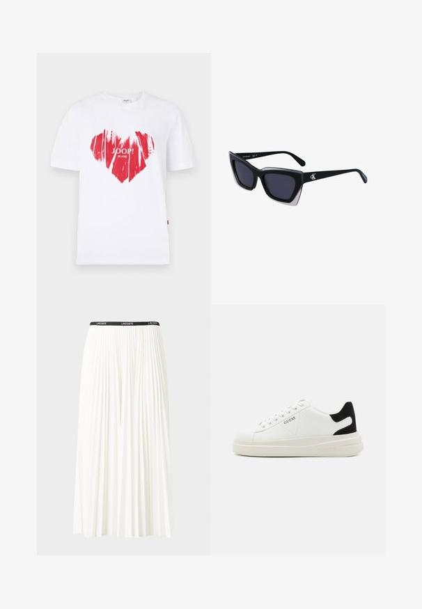 Bela bombažna majica z velikim rdečim srčnim grafikom in besedilom "JOOP! JEANS" na sredini. Kratki rokavi in krožen izrez.; Gubasta bela krila z črnim elastičnim pasom, ki nosi logotip "LACOSTE". Srednje dolga zasnova z mehkobo tkanine.; Bele usnjene športne copate z debelim belim podplatom, črnimi semišnimi detajli na peti in utisnjenim logotipom na strani. Zavezovanje s šestimi luknjicami.; Črne prevelike sončne očala geometrijske oblike, z temnimi lečami in kontrastno sivo podrobnostjo na okvirju. Logo na ročaju.