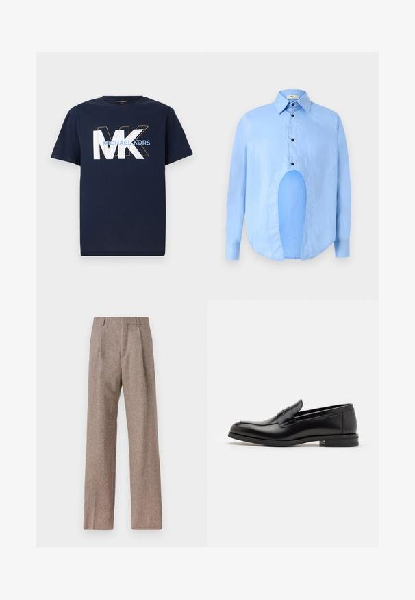 Tumesinine lühikeste varrukatega T-särk, millel on suured valged "MK" tähed oranži ääristusega ja "MICHAEL KORS" tekst helesinisena rinna kohal.; Heledsinine pikkade varrukatega särk, millel on terav krae, mustad nupud ja ainulaadne lõige ees eristuva disaini jaoks.; Prunnid, kõrge vöökohaga püksid, mis on valmistatud tekstureeritud kangast. Omavad laiu jalgu ja kahte eesmist voldikut struktuuri jaoks. Korralik viimistlus, ilma nähtava riistvarata.; Mustad mustad nahast loafers sileda tekstuuriga, ümarat ninaosa ja dekoratiivne riba vampi üle. Madal kihiline konts, minimalistlik disain.