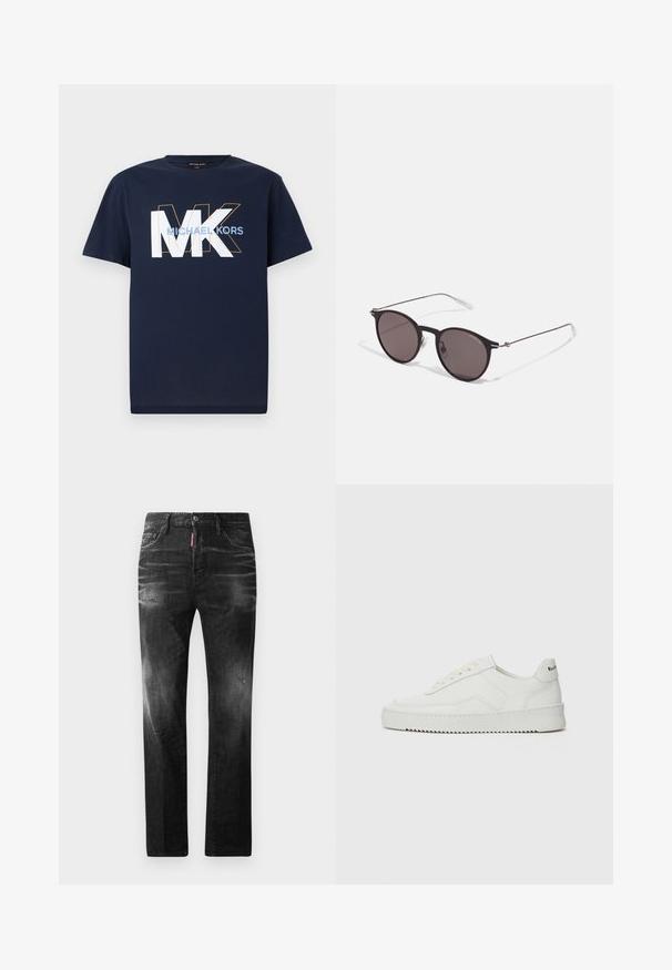 T-shirt de manga curta azul marinho com grandes letras brancas "MK" contornadas em laranja e o texto "MICHAEL KORS" em azul claro na altura do peito.; Jeans de denim preto com um corte reto. Apresentam áreas desbotadas, ligeira degradação, design clássico de cinco bolsos e um fecho de botão.; Sapatilha de couro branco com acabamento suave, bico redondo, atacadores planos e uma sola texturizada. Apresenta um logotipo discreto no calcanhar.; Óculos de sol redondos pretos com lentes escuras e hastes metálicas finas. Inclui pontas de templo transparentes e detalhes em prata na dobradiça. Design minimalista.