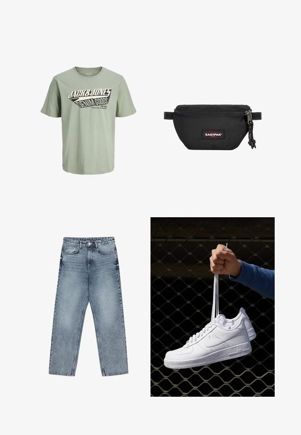 Vaaleanvihreä puuvillapaita, jossa on musta-valkoinen graafinen kuviointi, joka sisältää tekstiä. Pyöreä kaula-aukko, lyhyet hihat ja suora helma.; Vaaleansiniset farkut, joissa on suora lahje, näkyvät tikkaus, viisi taskua ja napin suljenta vyötäröllä.; Valkoiset nahkasneakersit, joissa on rei'ityksiä, pyöreä kärki, tasapohja ja paksut nauhat, joissa on näkyvä swoosh-logo ja "AIR" kantapäässä.; Mustapohjainen vyölaukku, joka on valmistettu kestävästä kankaasta. Laukussa on vetoketjusulku, säädettävä hihna ja punamustalla logopatchilla varustettu etuosa.