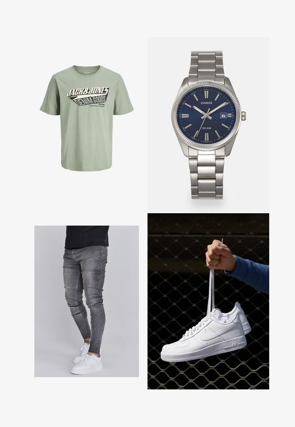 Light green cotton t-shirt featuring a black and white graphic design that includes text. Round neck, short sleeves, and a straight hem.; Skinny jeans in faded gray denim, featuring distressed details at the knees, paired with white sneakers. Smooth texture, slim fit design.; White leather sneakers with perforations, round toe, flat sole, and thick laces, featuring a visible swoosh logo and "AIR" on the heel.; Silver stainless steel wristwatch with a navy blue dial, metallic hour markers, and a date window at 3 o'clock. Water-resistant to 50 meters.