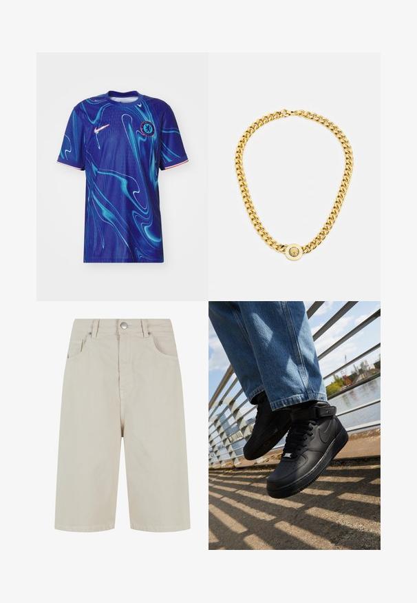 Zila futbola krekls ar abstraktu vira rakstu gaišākā zilā krāsā. Tam ir Nike logo un kluba emblēma uz krūtīm, apaļš kakls un īsas piedurknes.; Beige džinsu šorti ar taisnu griezumu, priekšējo pogu aizdari un četriem kabatām. Audumam ir gluda tekstūra un minimālas šuvju detaļas.; Melni Nike Air Force 1 sporta apavi ar ādas virsu, sietiņa valodziņu un gumijas zoli, ar augstu dizainu un biezām šņorēm.; Zelta ķēdes kaklarota ar lielām savstarpēji savienotām saitēm, centrā ar apaļu piekari, kurā ir izcelts emblema.
