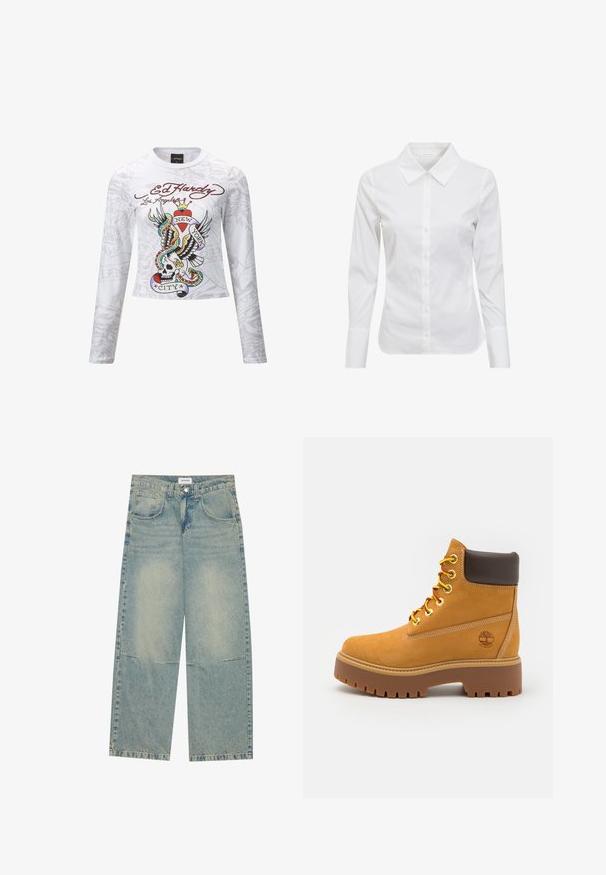 Weißes Langarmshirt mit einem bunten, von Tattoos inspirierten Grafikdesign, das einen Schädel, Flügel und den Text "New York City" zeigt. Hergestellt aus weichem Stoff, im Cropped-Design.; Weißes Langarmhemd mit klassischem Kragen, Knopfleiste und glattem Baumwollstoff. Minimalistisches Design, ohne Muster oder Akzente.; Helle blaue weite Jeans aus Denim, ausgestattet mit zwei Vordertaschen, einem Knopfverschluss und einer ausgewaschenen Optik mit sichtbaren Nähten.; Beige, wasserdichte Stiefelette mit einer robusten Gummisohle, runder Zehenpartie, braunem Lederkragen, gelben Schnürsenkeln und einem Logo an der Seite.
