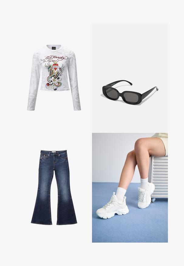 Hvid langærmet skjorte med et farverigt tattoo-inspireret grafik, der viser et kranium, vinger og teksten "New York City". Blødt stof, cropped design.; Mørkeblå flagrende jeans med talje, fem-lommers design, stikninger og en glat denimtekstur.; Hvide snøre-sneakers med en chunky sål, der har glat syntetisk materiale, teksturerede detaljer og en løkke på hælen.; Sorte rektangulære solbriller med mørke linser. Tykt plastiklavet stel med glat overflade og afrundede kanter. Stilfulde stænger strækker sig udad.