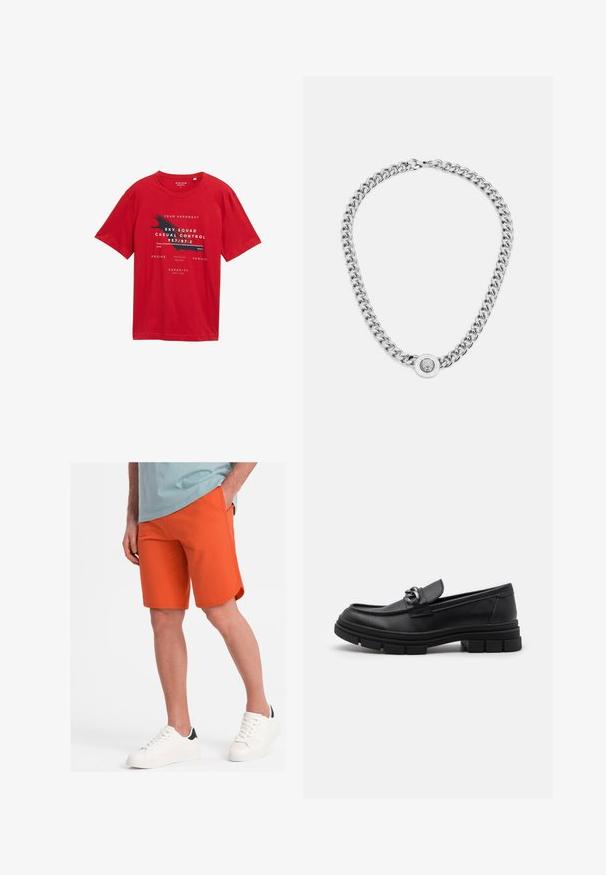 Rode katoenen T-shirt met korte mouwen, ronde hals en grafische print met tekst en een vogelontwerp in zwart-wit.; Witte lange mouwen shirt gemaakt van gladde stof met een standaard kraag, sluiting met knopen aan de voorkant en een afgeronde zoom. Geen zichtbare patronen of accenten.; Oranje shorts gemaakt van zachte stof met een gladde textuur, met zijzakken en een gebogen zoom, gecombineerd met witte sneakers.; Zwarte leren instapper met een ronde neus, een decoratieve band en hardware, en een chunky, gestructureerde zool. Glad afwerking met subtiele details.; Zilveren ketting met dikke schakel en een centraal ronde hanger met ingewikkelde details. Gladde, reflecterende metalen oppervlakte.
