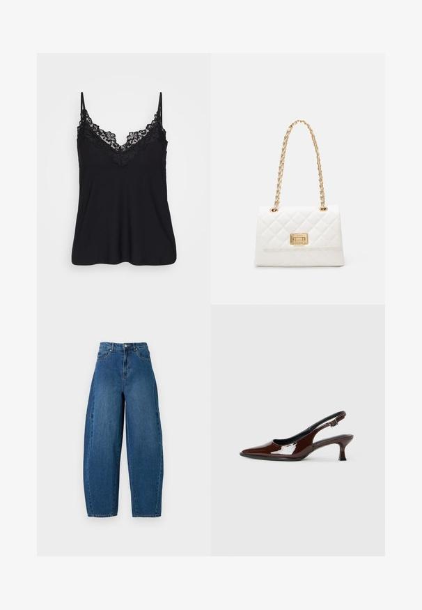 Zwarte camisole met kant langs de halslijn en de bandjes; zachte stof met een vloeiende ontwerp voor een relaxte pasvorm.; Denim spijkerbroek in een medium blauwe wassingen, met een hoge taille, wijde broekspijpen en een standaard vijf-pocket ontwerp met zichtbare stikseldetails.; Bruine gepatineerde leren slingback-schoen met een spitse neus en een gematigd hakje. Voorzien van een gespsluiting voor een veilige pasvorm. Glad van textuur.; Witte gewatteerde handtas met een gouden kettingriem en rechthoekige sluiting. Beschikt over een gladde textuur en een geometrisch stiksels patroon.