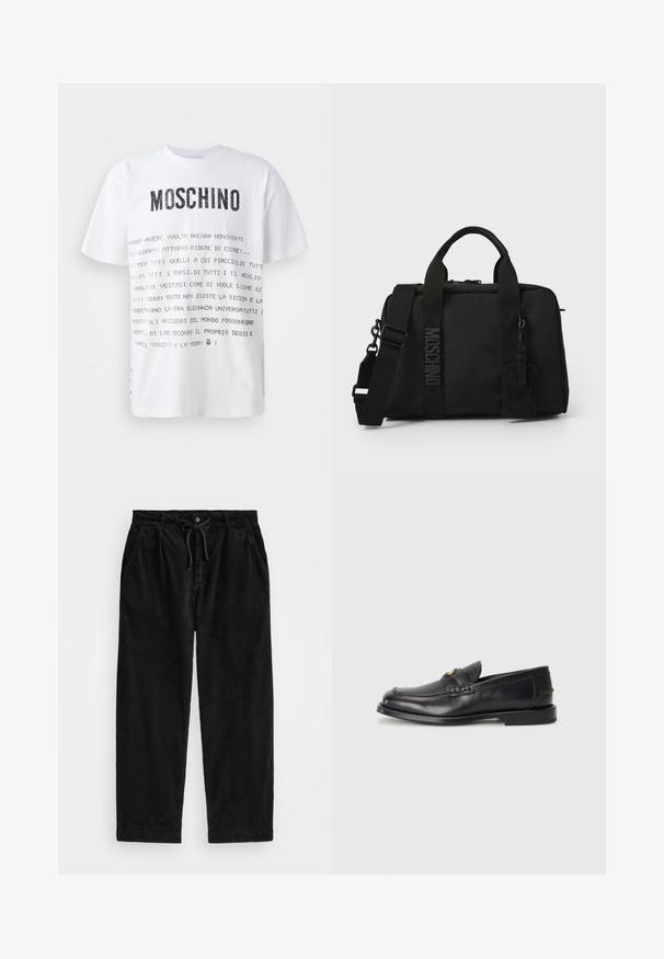 Camiseta blanca de manga corta con el audaz logo negro "MOSCHINO" y texto en italiano impreso en varios estilos en la parte frontal. Corte estándar.; Pantalones de pana negra con corte relajado, que cuentan con una cinturilla elástica con cordón ajustable y bolsillos laterales. La tela presenta una textura acanalada.; Mocasines de cuero negro con punta redonda, detalles de costura y un pequeño acento dorado en la parte frontal. La suela es plana y discreta.; Bolsa textil negra con asas dobles y correa de hombro desmontable. Presenta un logo en relieve y una etiqueta de cuero. Textura suave, forma rectangular.