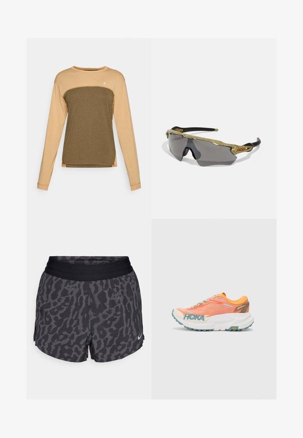 Långärmad skjorta med en beige övre del och en mörk olivgrön nedre del. Mjuk, strukturerad tyg med kontrasterande axelsömmar.; Svarta och grå leopardmönstrade shorts med en bred elastisk midja, som har en subtil glans och en liten vit Nike-logotyp längst ner till höger.; Oranga och rosa löparsko med mesh-överdel, vit mellansåle, Vibram-yttersula och ljusblå detaljer. Har HOKA-logotyp på sidan.; Sportsolglasögon med en grön mönstrad båge, svarta skalmar och grå linser. Designen har en omfångande stil med en djärv, sportig form.