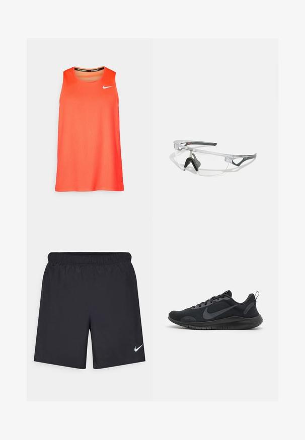 Ryškiai oranžinė be rankovių bėgimo marškinėliai Nike su balta swoosh logotipu ant krūtinės ir „Nike Running“ tekstu apykaklėje.; Juodos sportinės šortai, pagaminti iš lengvos medžiagos, su elastingu juosmeniu. Ant apatinės kairės pusės yra mažas baltas Nike logotipas.; Juodi sportiniai batai su tekstūruota viršutine dalimi, šniūrių uždarymu ir lygiu padu. Yra išsikišusi logo šone ir kilpelė kulno dalyje.; Skaidrūs saugos akiniai su lengvu, skaidriu rėmeliu ir pilkiais akcentais. Yra apvalinimo dizainas ir reguliuojama nosies atrama.