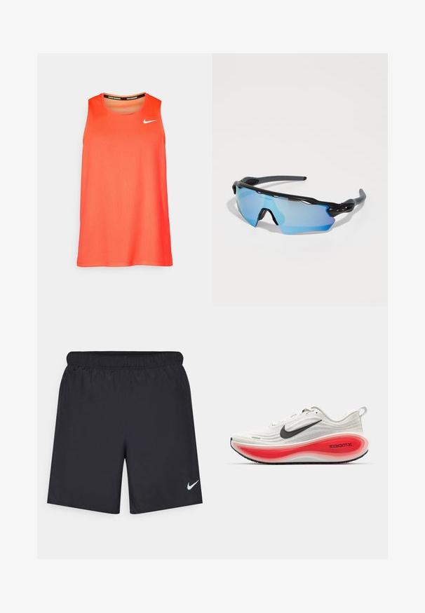 Lys oransje ermeløs Nike løpetopp med hvit swoosh-logo på brystet og "Nike Running"-tekst inne i kragen.; Svart sportskjørt laget av lett materiale med elastisk linning. Har en liten hvit Nike-logo nederst til venstre.; Nike løpesko med en hvit strikket overdel, svart swoosh og en tykk rød og hvit polstret såle merket "ZOOMX." Svart gripeutsol.; Sport solbriller med svart ramme, store blåfargede linser og en robust design. De har forbedret innpakning for bedre dekning.