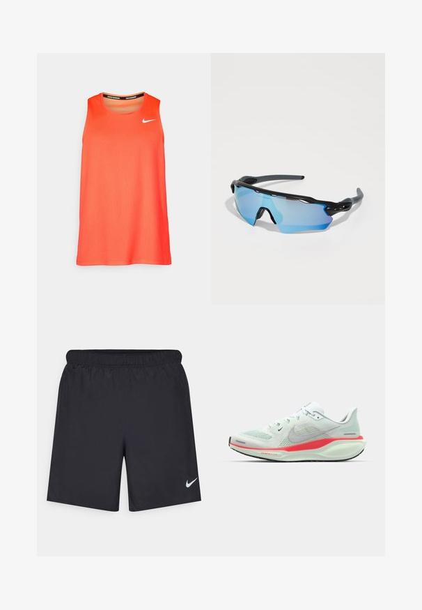 Heldere oranje mouwloze Nike hardlooptanktop met het witte Swoosh-logo op de borst en de tekst "Nike Running" binnen de kraag.; Zwarte sportshorts gemaakt van lichtgewicht materiaal met een elastische tailleband. Voorzien van een klein wit Nike-logo aan de onderzijde aan de linkerkant.; Lichtgroene Nike hardloopschoen met een bovenwerk van mesh, voorzien van een roze en witte zool, die een gestroomlijnd, modern ontwerp toont.; Sportzonnebril met een zwart frame, grote blauw-getinte lenzen en een stevige constructie. Ze hebben verbeterde omsluitende dekking.