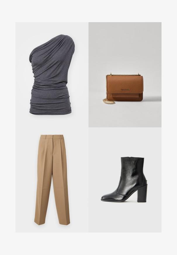 Dark gray one-shoulder top made of soft fabric. Features gathered texture and draping design for a fitted silhouette.; Beige tailored trousers with a high waist, pleated front, and wide-leg cut. The fabric appears smooth with a slight sheen.; Black leather ankle boot with a smooth texture, pointed toe, and a chunky high heel. Features a side opening and minimalistic design.; Brown textured leather crossbody bag with gold chain strap and flap closure. Front features logo detail and a pocket under the flap.
