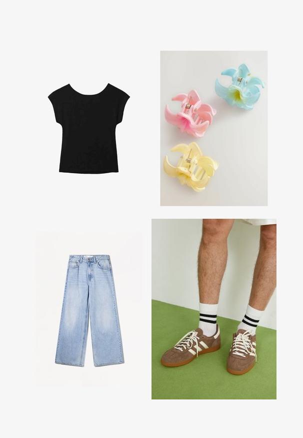 Černý top s krátkým rukávem, širším výstřihem a volným střihem. Vyrobeno z měkké látky bez viditelných vzorů nebo ozdob.; Bershka WIDE-LEG - Wide leg - light-blue denim; Hnědé semišové tenisky s bílými akcenty a tkaničkami. Gumová podrážka. Nošeny s bílými ponožkami s černými pruhy. Zelená strukturovaná podlaha.; Tři plastové sponky do vlasů v pastelových barvách: růžové, žluté a modré, ve tvaru květinových okvětních lístků, s pružinovým mechanismem a lesklým povrchem.