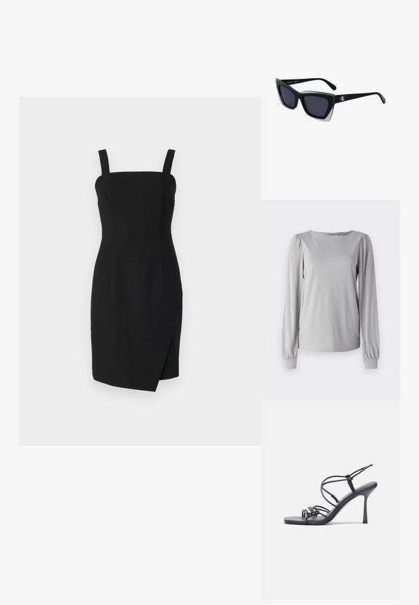 Dugi rukav sivi top izrađen od glatkog, rastezljivog materijala. Ima okrugli izrez i nabore na rukavima sa elastičnim manžetama.; Crna haljina uskog kroja sa kvadratnim izrezom, podesivim naramenicama i preklopnim detaljem sprijeda, izrađena od glatke tkanine.; Crne sandale na visokoj potpetici imaju tanke trake s čvorastim dizajnom, glatki kvadratni vrh i elegantnu stiletto petu.; Crne oversize sunčane naočale geometrijskog oblika, s tamnim staklima i kontrastnom sivom dekoracijom na okviru. Logo na dršci.; Svijetlosivi metalik ruksač s lancem, ukrašen malim okruglim metalnim zakovicama i trokutastim logotipom marke.; Srebro naušnice u obliku prstena s glatkom, sjajnom završnom obradom. Zaobljenog oblika, laganog dizajna, s kopčom na poleđini.