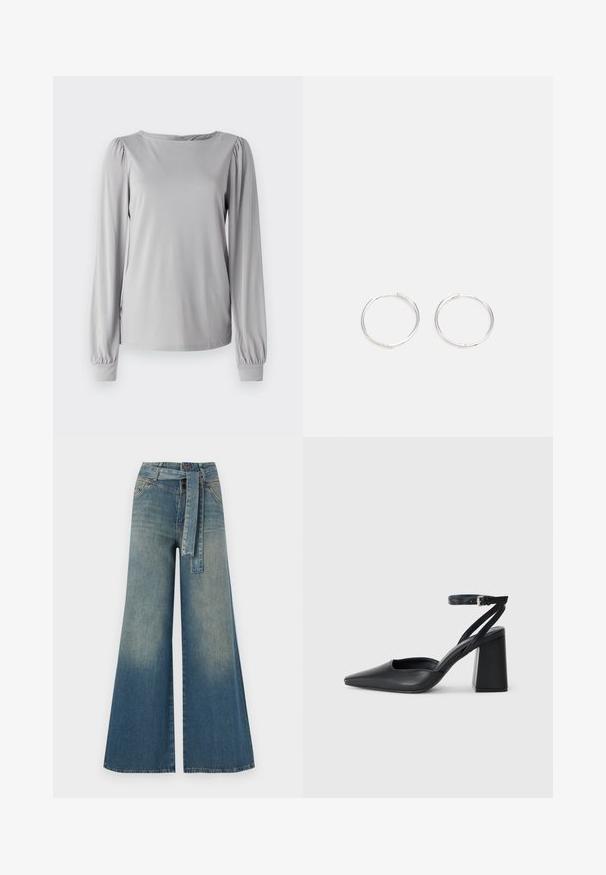 Hnedá dlhá rukávová blúzka vyrobená z hladkého, elastického materiálu. Má okrúhly výstrih a zhromaždené detaily na rukávoch s elastickými manžetami.; Džínsy s širokými nohavicami, ktoré majú prechod od svetlomodrej po tmavomodrú, vysoký pás, pútka na opasok a opasok z rovnakého materiálu. Textúrovaný denimový povrch.; Čierne kožené lodičky s špicatou špičkou a členkovým remienkom, s masívnym podpätkom. Hladký povrch, elegantný dizajn a minimalistická estetika.; Strieborné kruhové náušnice s elegantným, okrúhlym dizajnom, s hladkým povrchom a bez viditeľných ozdôb. Priemer nie je špecifikovaný.
