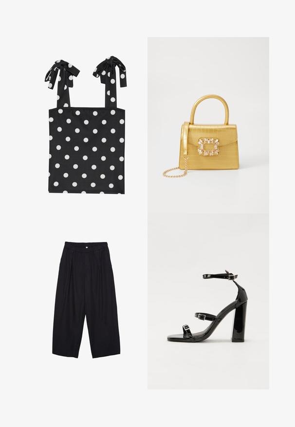 Črna brezrokavna majica z belimi pikami, z vezalkami. Narejena iz gladkega materiala z oprijetim bodijem in ravnim robom.; Črne poliesterske culotte hlače z elastičnim pasom, dvema sprednjima nabiranjema in ohlapnim krojem. Brez vidnih vzorcev ali kovinskih detajlov.; Črne lakirane sandale s peto, kvadratnim prstom, trakovi okrog gležnja in srebrnimi zaponkami. Opremljene so s stabilno Debelo peto.; Rumeno usnjeno-usnje z vzorcem krokodila, s strukturiranim dizajnom, zgornjo ročajem, snemljivo verižico in dekorativnim kristalnim okrasjem na zaponki.