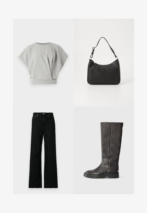 Gray short-sleeve top in soft, stretchy fabric. Features a relaxed fit with a round neckline and a gathered front detail.; Black denim jeans with a high waist, wide-leg cut, featuring a front button and zip closure, and classic five-pocket design.; Black knee-high leather boot with thick sole and subtle Calvin Klein logo near the top edge, shown from the side.; Black leather handbag with a curved shape, a single strap, zip closure, and subtle branding on the front. Smooth texture, minimalist design.