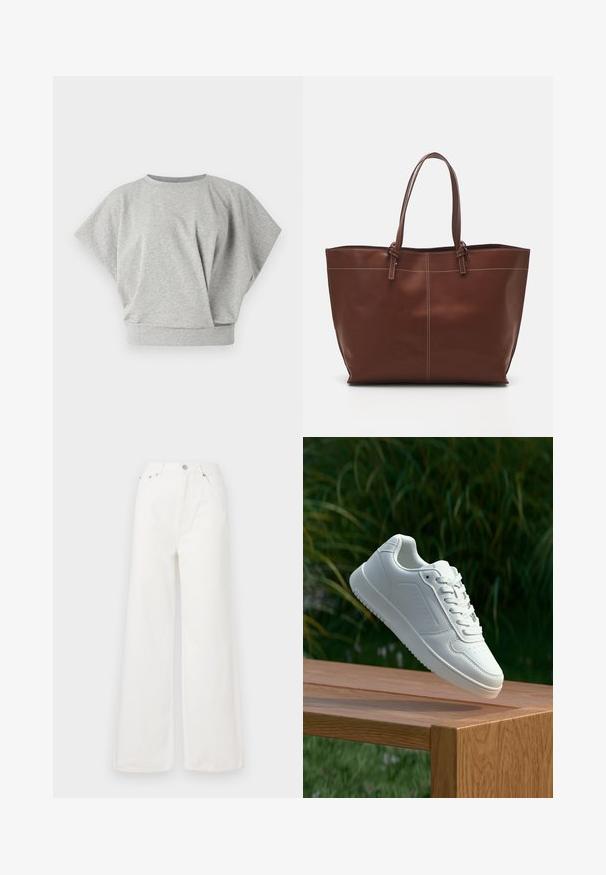 Gray short-sleeve top in soft, stretchy fabric. Features a relaxed fit with a round neckline and a gathered front detail.; White high-waisted wide-leg jeans made of denim. Features front pockets, a button closure, and frayed hem details.; White sneaker with a smooth synthetic upper, perforated toe box, flat laces, and a textured sole, displayed on a wooden surface.; Brown leather tote bag with double handles, features contrast stitching and a spacious design, suitable for everyday use.