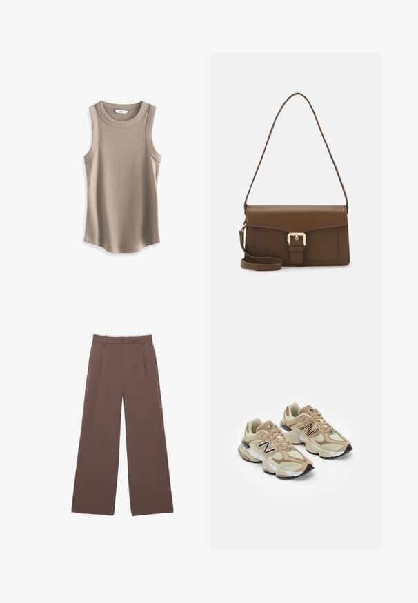 Next RACER STANDARD - Top - brown; Wijde broek in een effen bruine stof, met een zachte textuur, voorplooien en een op maat gemaakte tailleband. Geen zichtbare logo's of patronen.; Beige sneakers van mesh en nubuck materialen. Bevat een zwart logo en gegrandeerde accenten. Dikke witte tussenzool en zwarte rubberen buitenzool.; Bruine leren handtas met een rechthoekige vorm, voorzien van een klep aan de voorkant, gouden hardware en een lange, verstelbare strap.