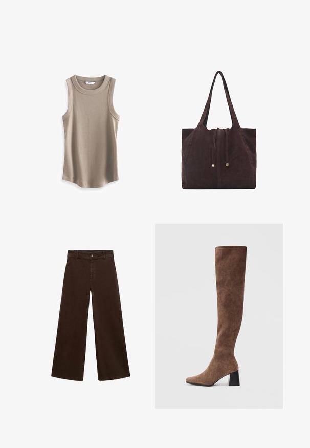 Next RACER STANDARD - Top - brown; Pantaloni largi maro dintr-un amestec de bumbac, cu un tiv desfăcut, închidere cu buton frontal și un design clasic cu cinci buzunare. Minimalist și versatil.; Botine maro, peste genunchi, din suede moale, cu vârful ascuțit și toc gros negru. Designul prezintă cusături fără sudură pentru un aspect elegant.; Mango Geantă de pânză - dark brown