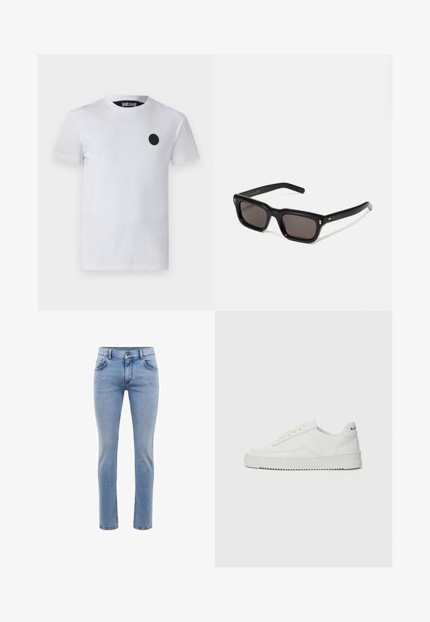 Camiseta de algodón blanca con un logo negro redondo en el lado izquierdo del pecho, cuello redondo clásico y mangas cortas. Textura suave.; Jeans de mezclilla azul claro con un corte ajustado, cinco bolsillos y un diseño de pierna recta. Cuenta con una cremallera y trabillas para cinturón. Textura suave.; Zapatilla de cuero blanca con un acabado suave, puntera redonda, cordones planos y suela texturizada. Cuenta con un sutil logo en el talón.; Gafas de sol rectangulares negras con lentes oscuros, marco de plástico grueso, acentos dorados en las patillas y logotipo de la marca grabado en el brazo.