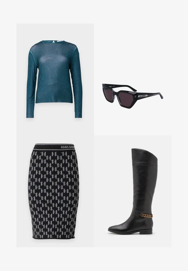 Teal long-sleeve top made of sheer mesh with a grid pattern. Features a round neckline and back closure, embellished with subtle sparkle.; Black knitted pencil skirt featuring a repeating grey "KL" logo pattern and a black waistband with the brand name "KARL LAGERFELD."; Tall black leather boots with a sleek design, pointed toe, and a gold chain accent at the ankle. Low block heel. Smooth texture.; Black sunglasses with a cat-eye design, featuring dark lenses, a glossy finish, and subtle logo accents on the temples.